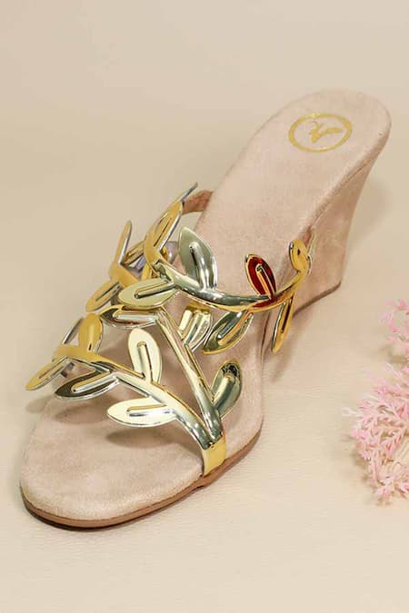 Sana K luxurious Footwear Gold Leafy Half Wedges 