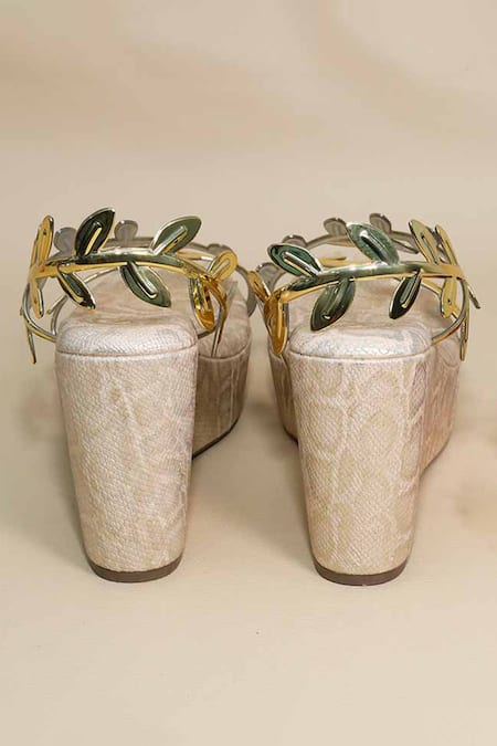 Shop Sana K luxurious Footwear Gold Leafy Leapord Wedges Online at Aza Fashions Shop_Sana K luxurious Footwear_Gold Leafy Leapord Wedges _Online_at_Aza_Fashions