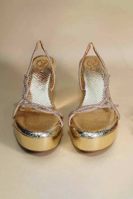 Sana K luxurious Footwear Gold Beads Renne Wedges at Aza Fashions Sana K luxurious Footwear_Gold Beads Renne Wedges _at_Aza_Fashions