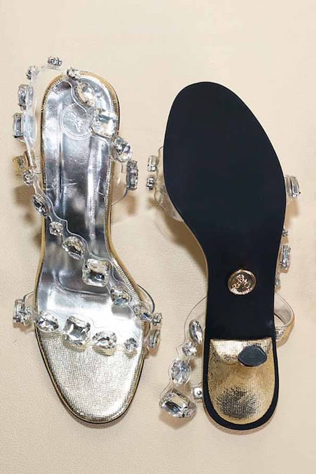 Sana K luxurious Footwear Silver Chunky Rocks Pencil Heels 