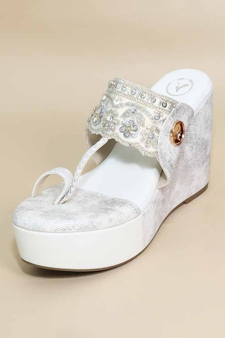 Sana K luxurious Footwear White Kolhapuri Wedges 