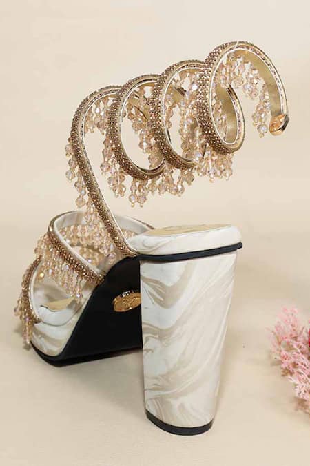 Shop Sana K luxurious Footwear Beige Beads, Stones, Crystals Glitz Spring Elevations Heels Online at Aza Fashions Shop_Sana K luxurious Footwear_Beige Beads, Stones, Crystals Glitz Spring Elevations Heels _Online_at_Aza_Fashions
