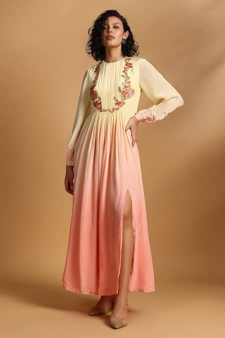 Buy GOLDN Yellow Crepe Embroidery Round Neck Ombre Maxi Dress Online at Aza Fashions Buy_GOLDN_Yellow Crepe Embroidery Round Neck Ombre Maxi Dress _Online_at_Aza_Fashions