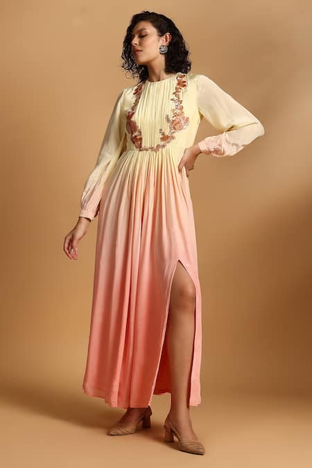Shop GOLDN Yellow Crepe Embroidery Round Neck Ombre Maxi Dress Online at Aza Fashions Shop_GOLDN_Yellow Crepe Embroidery Round Neck Ombre Maxi Dress _Online_at_Aza_Fashions