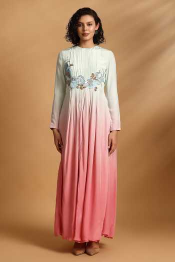 GOLDN Pink Crepe Embroidery Round Neck Hand Ombre Dress Online at Aza Fashions GOLDN_Pink Crepe Embroidery Round Neck Hand Ombre Dress _Online_at_Aza_Fashions