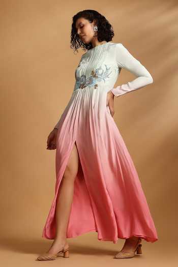 Buy GOLDN Pink Crepe Embroidery Round Neck Hand Ombre Dress Online at Aza Fashions Buy_GOLDN_Pink Crepe Embroidery Round Neck Hand Ombre Dress _Online_at_Aza_Fashions