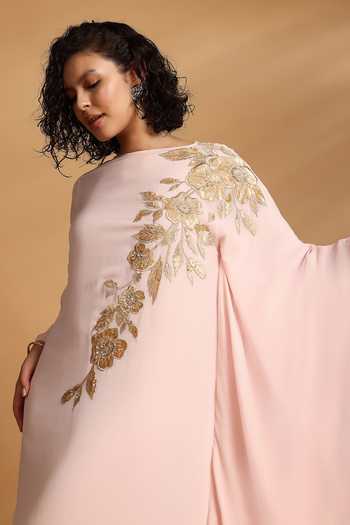 GOLDN Pink Georgette Embroidery, Applique Boat Neck Velvet Hand Kaftan Online at Aza Fashions GOLDN_Pink Georgette Embroidery, Applique Boat Neck Velvet Hand Kaftan _Online_at_Aza_Fashions