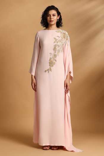 Buy GOLDN Pink Georgette Embroidery, Applique Boat Neck Velvet Hand Kaftan Online at Aza Fashions Buy_GOLDN_Pink Georgette Embroidery, Applique Boat Neck Velvet Hand Kaftan _Online_at_Aza_Fashions