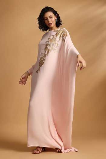 Shop GOLDN Pink Georgette Embroidery, Applique Boat Neck Velvet Hand Kaftan Online at Aza Fashions Shop_GOLDN_Pink Georgette Embroidery, Applique Boat Neck Velvet Hand Kaftan _Online_at_Aza_Fashions