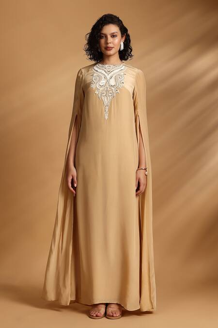 GOLDN Beige Crepe Embroidery High Neck Hand Dress Online at Aza Fashions GOLDN_Beige Crepe Embroidery High Neck Hand Dress _Online_at_Aza_Fashions