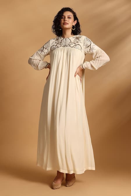 GOLDN Hand Embroidered Pleated Maxi Dress 