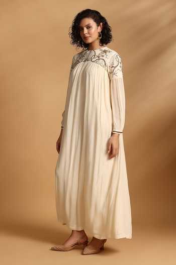 GOLDN Off White Georgette Embroidery High Neck Hand Pleated Maxi Dress Online at Aza Fashions GOLDN_Off White Georgette Embroidery High Neck Hand Pleated Maxi Dress _Online_at_Aza_Fashions
