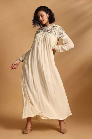 Buy GOLDN Off White Georgette Embroidery High Neck Hand Pleated Maxi Dress Online at Aza Fashions Buy_GOLDN_Off White Georgette Embroidery High Neck Hand Pleated Maxi Dress _Online_at_Aza_Fashions
