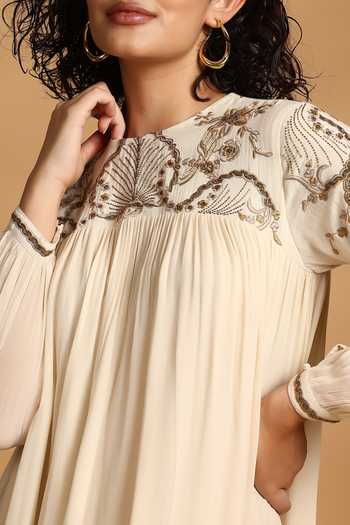 Shop GOLDN Off White Georgette Embroidery High Neck Hand Pleated Maxi Dress Online at Aza Fashions Shop_GOLDN_Off White Georgette Embroidery High Neck Hand Pleated Maxi Dress _Online_at_Aza_Fashions