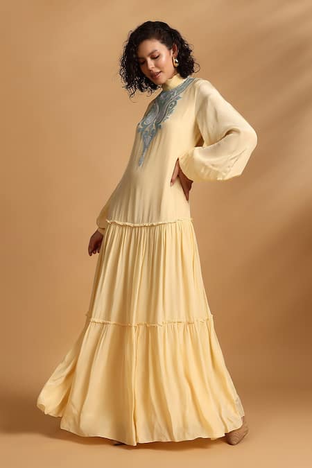GOLDN_Yellow Georgette Embroidery High Neck Tiered Maxi Dress _Online_at_Aza_Fashions