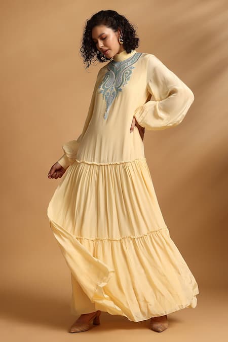 Buy_GOLDN_Yellow Georgette Embroidery High Neck Tiered Maxi Dress _Online_at_Aza_Fashions