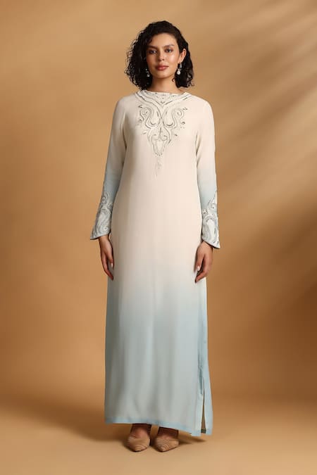 GOLDN_Blue Georgette Embroidery Keyhole Neck Ombre Hand Kaftan _Online_at_Aza_Fashions