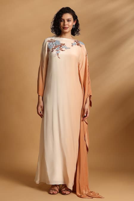 GOLDN_Beige Crepe Embroidery Boat Neck Hand Ombre Kaftan _Online_at_Aza_Fashions