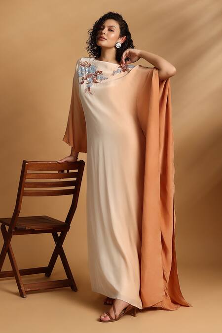 Shop_GOLDN_Beige Crepe Embroidery Boat Neck Hand Ombre Kaftan _Online_at_Aza_Fashions