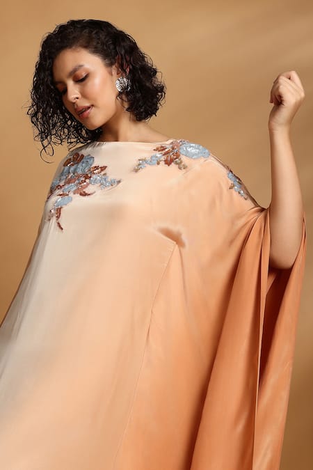 GOLDN_Beige Crepe Embroidery Boat Neck Hand Ombre Kaftan _at_Aza_Fashions