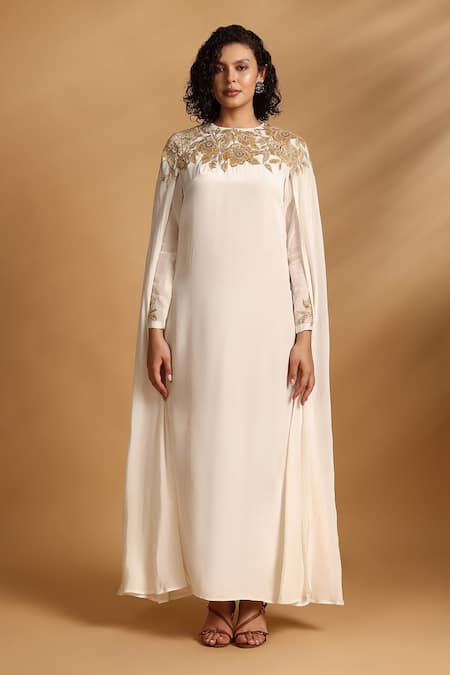 GOLDN Gold Crepe Embroidery, Zari Round Neck Placement Dress Online at Aza Fashions GOLDN_Gold Crepe Embroidery, Zari Round Neck Placement Dress _Online_at_Aza_Fashions