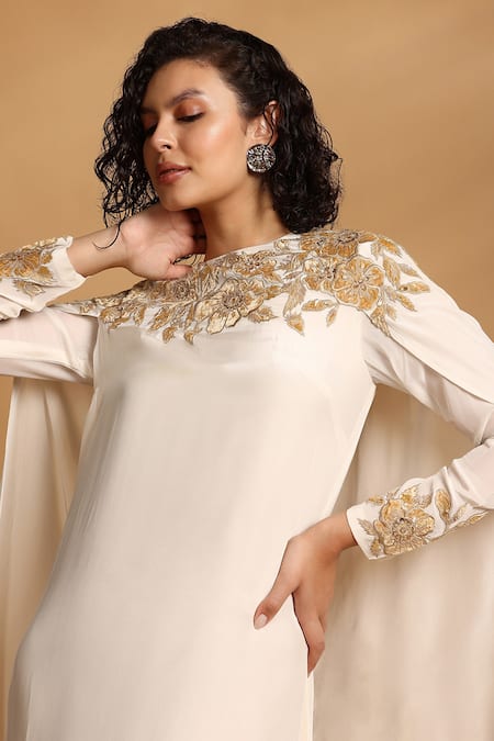Shop GOLDN Gold Crepe Embroidery, Zari Round Neck Placement Dress Online at Aza Fashions Shop_GOLDN_Gold Crepe Embroidery, Zari Round Neck Placement Dress _Online_at_Aza_Fashions