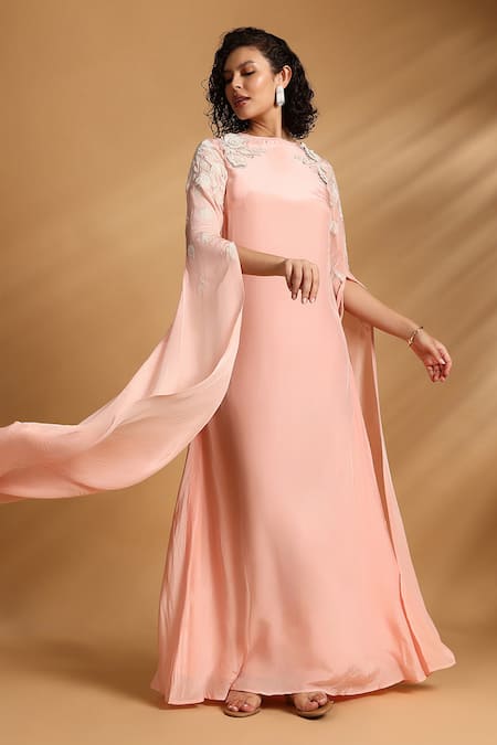 GOLDN Peach Crepe Embroidery Round Neck Sleeve Dress  3
