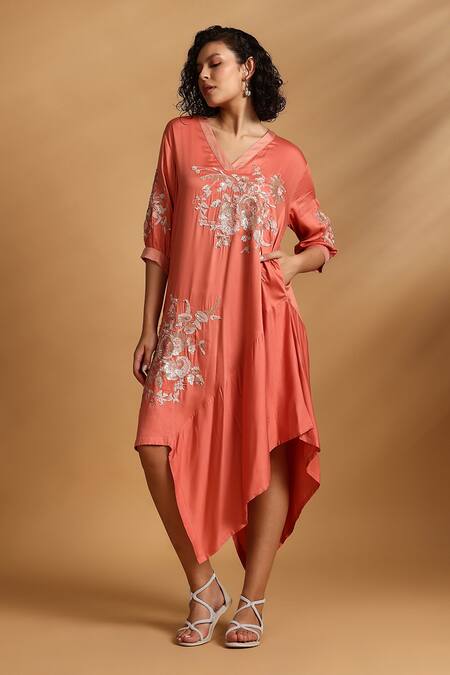 GOLDN_Coral Crepe Embroidery V-neck Asymmetric Dress _Online_at_Aza_Fashions