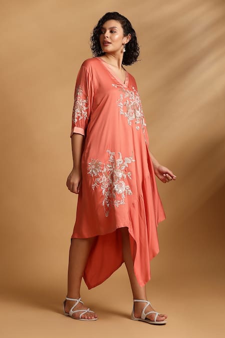 Buy_GOLDN_Coral Crepe Embroidery V-neck Asymmetric Dress _Online_at_Aza_Fashions