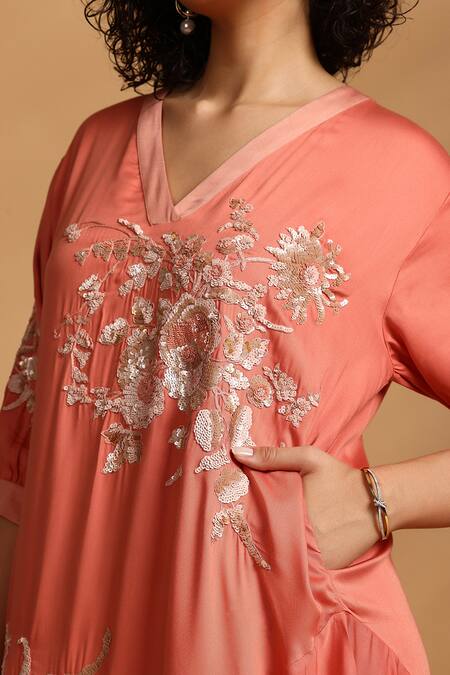 GOLDN_Coral Crepe Embroidery V-neck Asymmetric Dress _at_Aza_Fashions