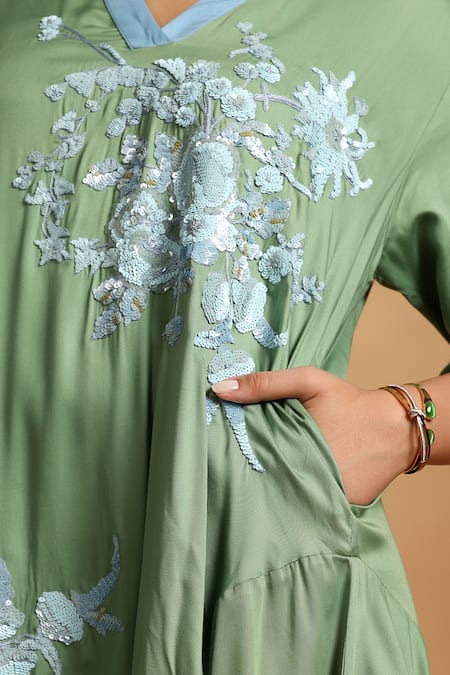 GOLDN_Green Crepe Beads V-neck Hand Floral Asymmetric Dress _Online_at_Aza_Fashions