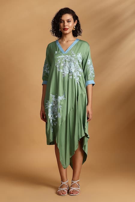 Buy_GOLDN_Green Crepe Beads V-neck Hand Floral Asymmetric Dress _Online_at_Aza_Fashions