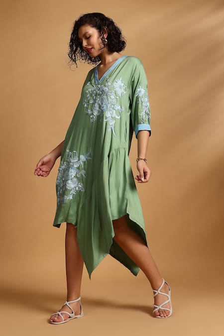 GOLDN_Green Crepe Beads V-neck Hand Floral Asymmetric Dress _at_Aza_Fashions