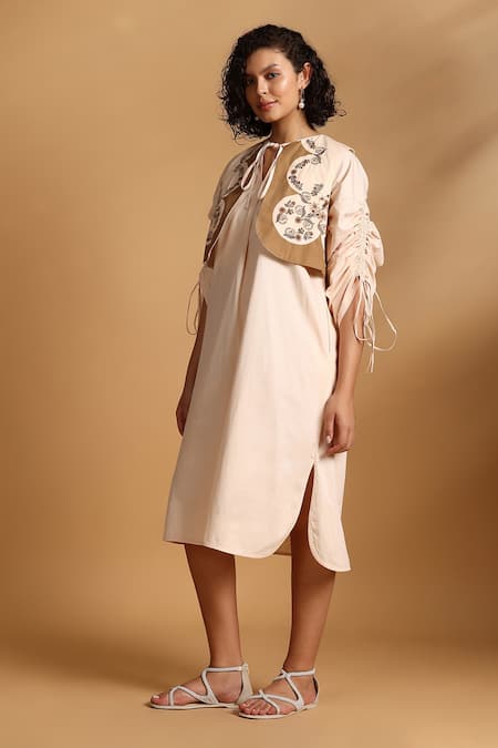 GOLDN_Beige Poplin, Cotton Embroidery Keyhole Neck, Open Midi Dress With Waistcoat _Online_at_Aza_Fashions