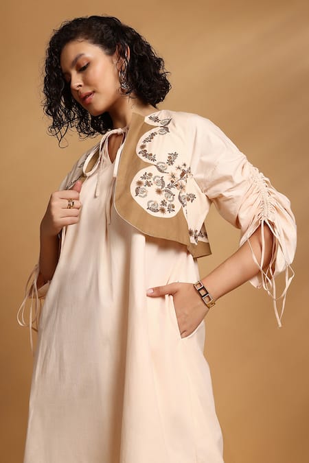 Shop_GOLDN_Beige Poplin, Cotton Embroidery Keyhole Neck, Open Midi Dress With Waistcoat _Online_at_Aza_Fashions