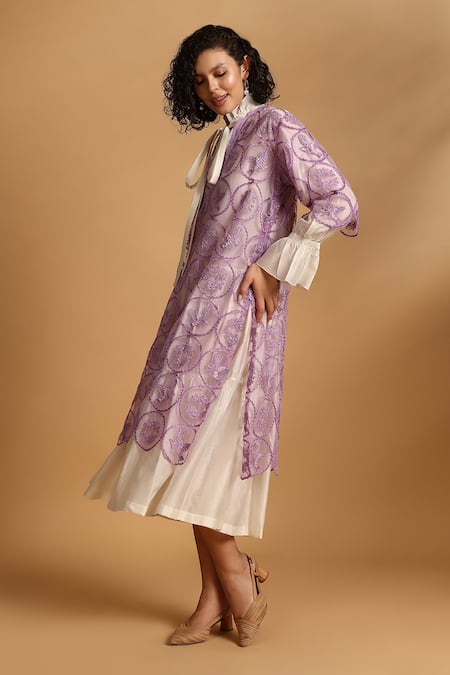GOLDN_Purple Chanderi Silk Embroidery, Lace High Neck Overlay With Tiered Dress _Online_at_Aza_Fashions
