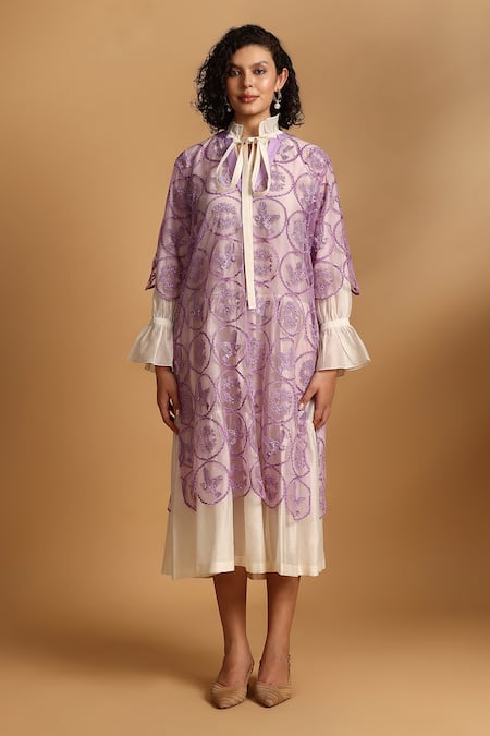 Buy_GOLDN_Purple Chanderi Silk Embroidery, Lace High Neck Overlay With Tiered Dress _Online_at_Aza_Fashions
