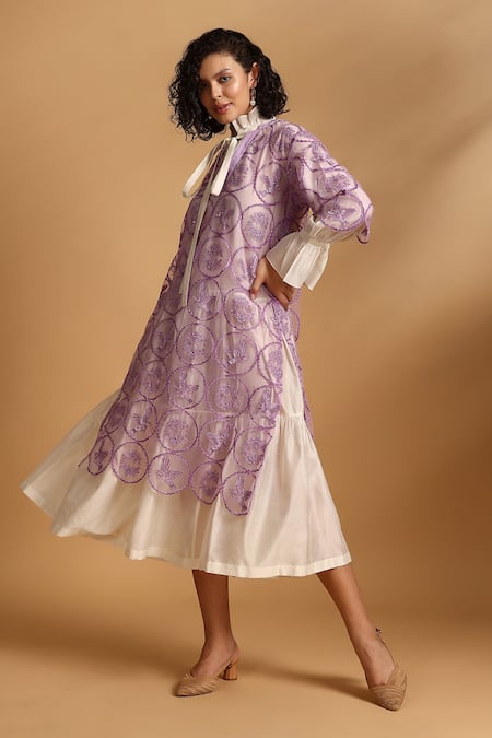 GOLDN_Purple Chanderi Silk Embroidery, Lace High Neck Overlay With Tiered Dress _at_Aza_Fashions
