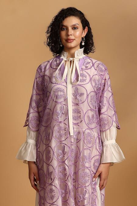 Buy_GOLDN_Purple Chanderi Silk Embroidery, Lace High Neck Overlay With Tiered Dress 