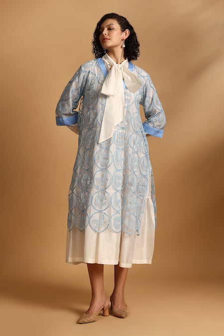 Buy_GOLDN_Blue Chanderi Silk, Lace Embroidery High Neck Layered And Tiered _Online_at_Aza_Fashions