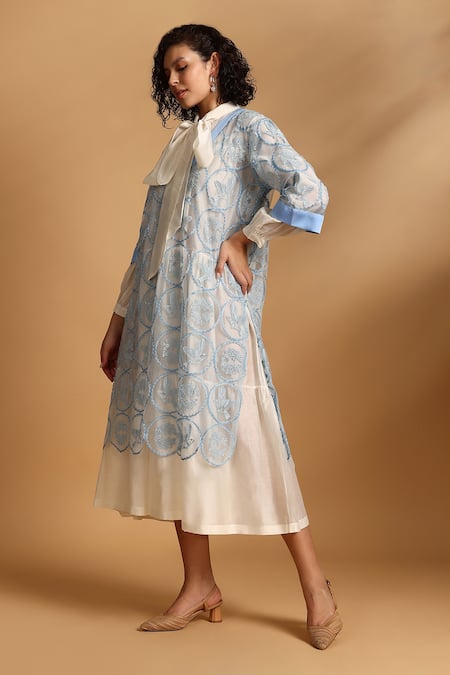 Shop_GOLDN_Blue Chanderi Silk, Lace Embroidery High Neck Layered And Tiered _Online_at_Aza_Fashions