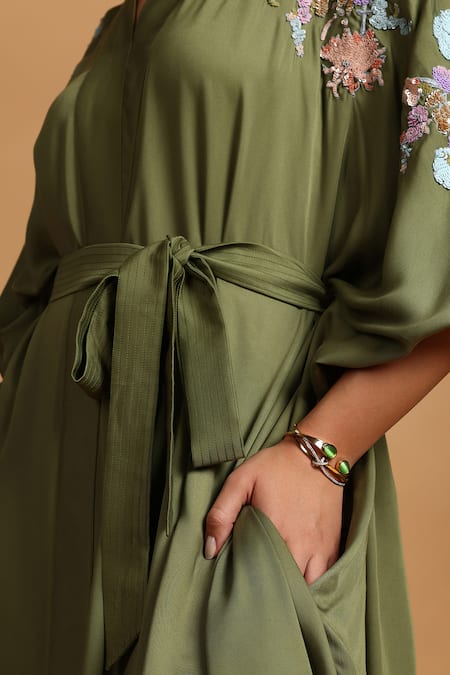GOLDN_Olive Green Crepe Embroidery V-neck Kimono Dress With Belt _Online_at_Aza_Fashions