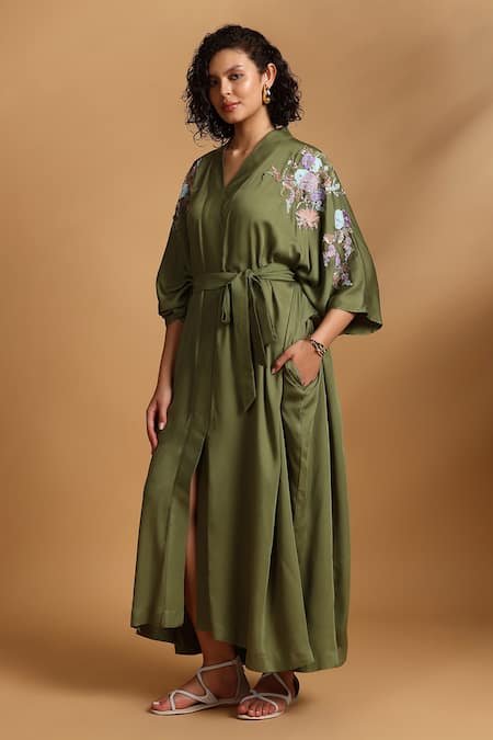 Buy_GOLDN_Olive Green Crepe Embroidery V-neck Kimono Dress With Belt _Online_at_Aza_Fashions