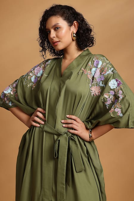 GOLDN_Olive Green Crepe Embroidery V-neck Kimono Dress With Belt _at_Aza_Fashions