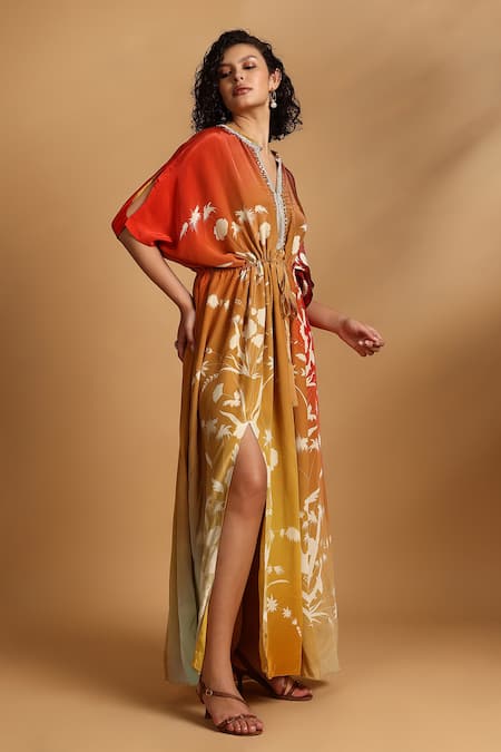 GOLDN Yellow Crepe Beads V-neck Ombre Printed Kaftan Online at Aza Fashions GOLDN_Yellow Crepe Beads V-neck Ombre Printed Kaftan _Online_at_Aza_Fashions