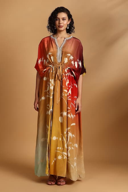 Buy GOLDN Yellow Crepe Beads V-neck Ombre Printed Kaftan Online at Aza Fashions Buy_GOLDN_Yellow Crepe Beads V-neck Ombre Printed Kaftan _Online_at_Aza_Fashions