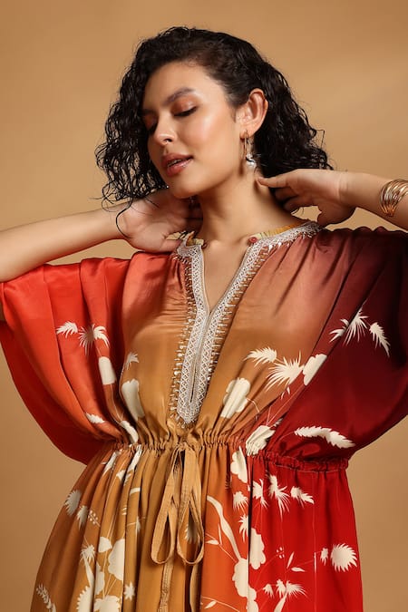 Shop GOLDN Yellow Crepe Beads V-neck Ombre Printed Kaftan Online at Aza Fashions Shop_GOLDN_Yellow Crepe Beads V-neck Ombre Printed Kaftan _Online_at_Aza_Fashions