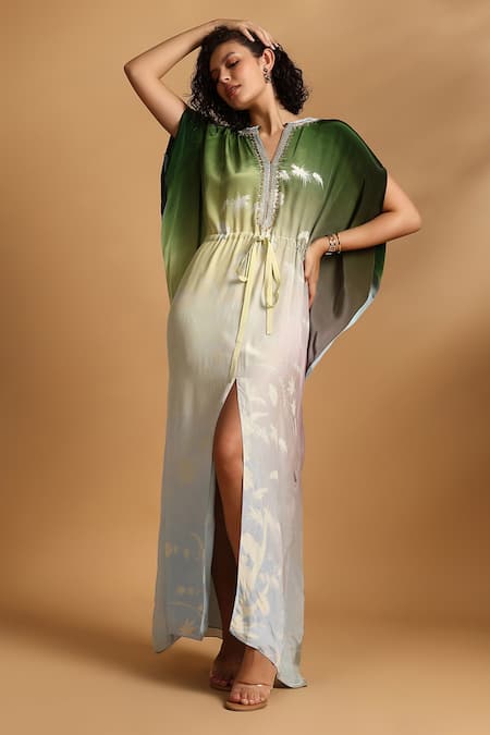 Buy_GOLDN_Pink Crepe Beads V-neck Ombre Printed Kaftan _Online_at_Aza_Fashions