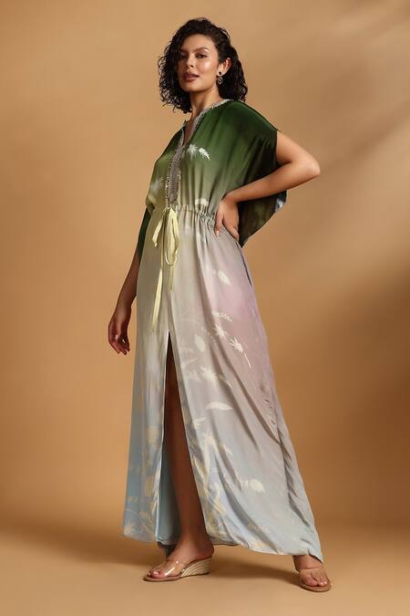 Shop_GOLDN_Pink Crepe Beads V-neck Ombre Printed Kaftan _Online_at_Aza_Fashions