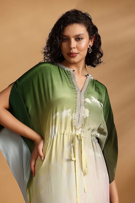 GOLDN_Pink Crepe Beads V-neck Ombre Printed Kaftan _at_Aza_Fashions